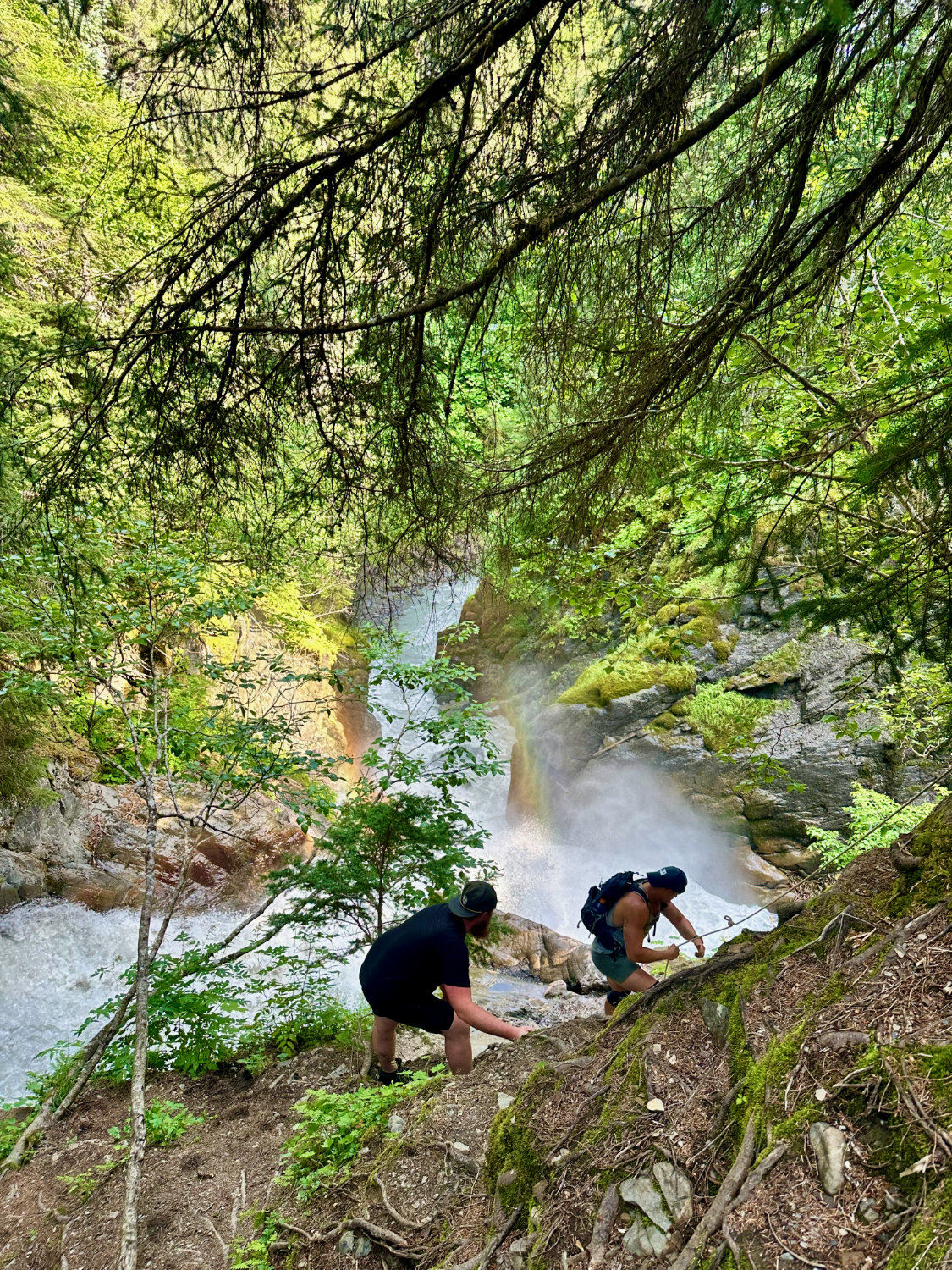 Joe and Coop using the ropes on part of the Chutes and Ladders hike in Girwood Alaska