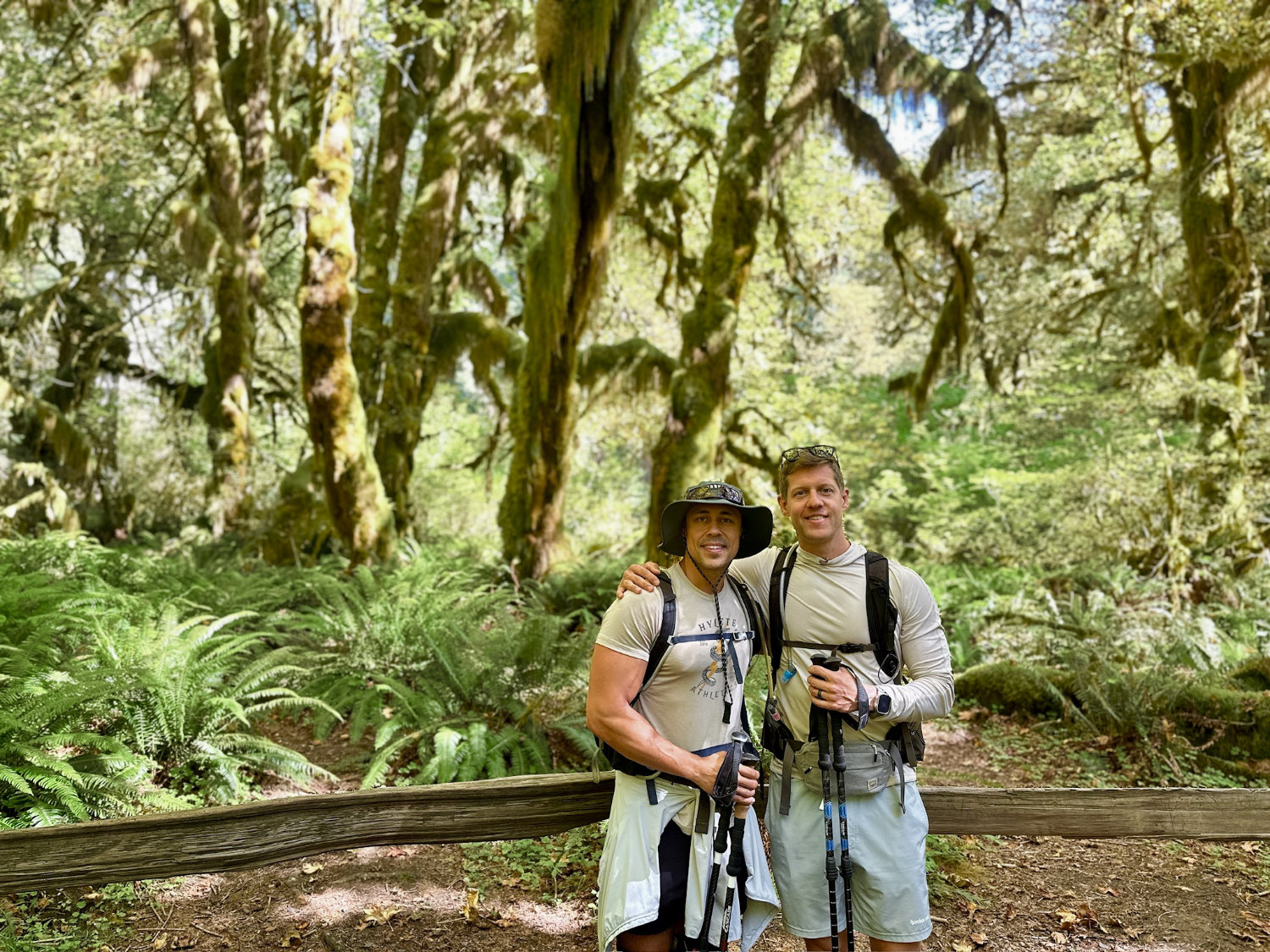 Coop (the Productive Adventurer) and Mark (the McCoops minus Luna) posing on the Hall of Mosses hike in the Hoh Rainforest in Olympic National Park.