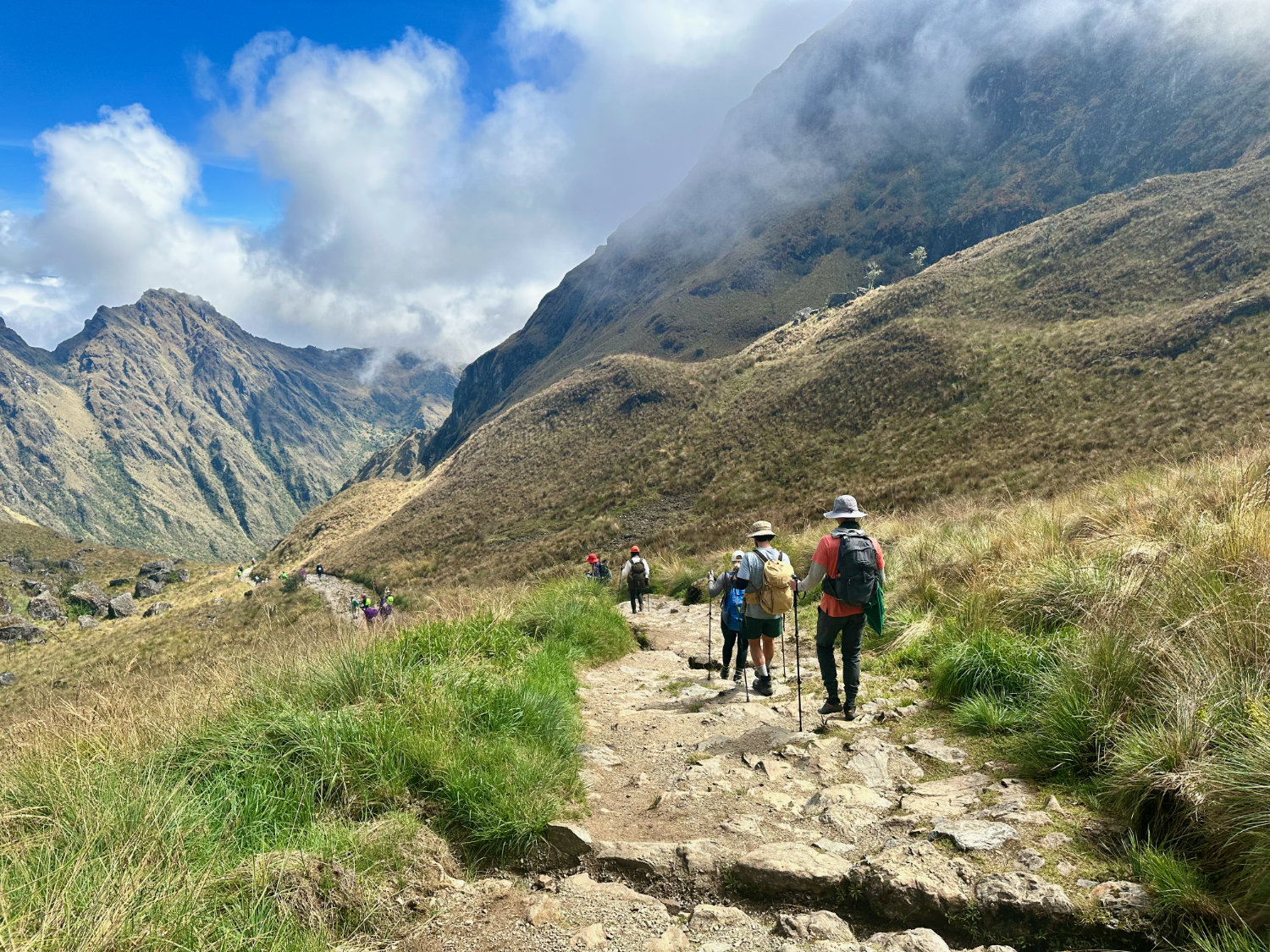 Hiking down into the Pacaymayo Valley after the summit at Dead Woman's Pass