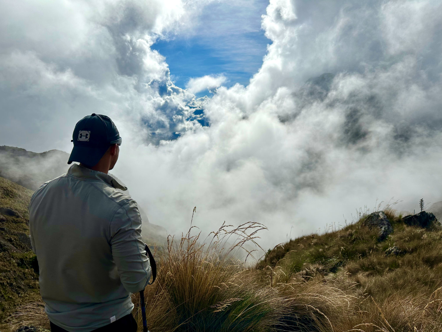 Coop in the clouds at the Runkurakay Pass - Inca Trail day 2