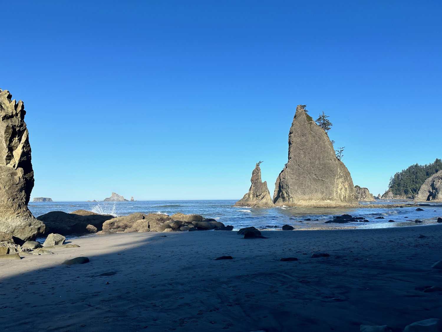 Picture of the beautiful Sea Stacks jutting out of the ocean off the coast of Rialto Beach in Olympic National Park.