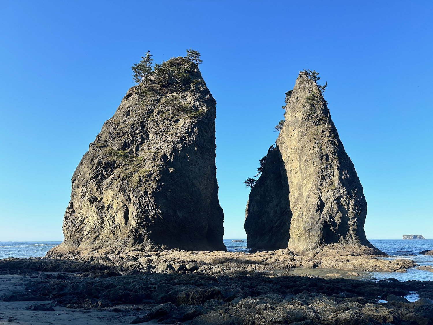 Picture of the beautiful Sea Stacks jutting out of the ocean off the coast of Rialto Beach in Olympic National Park.