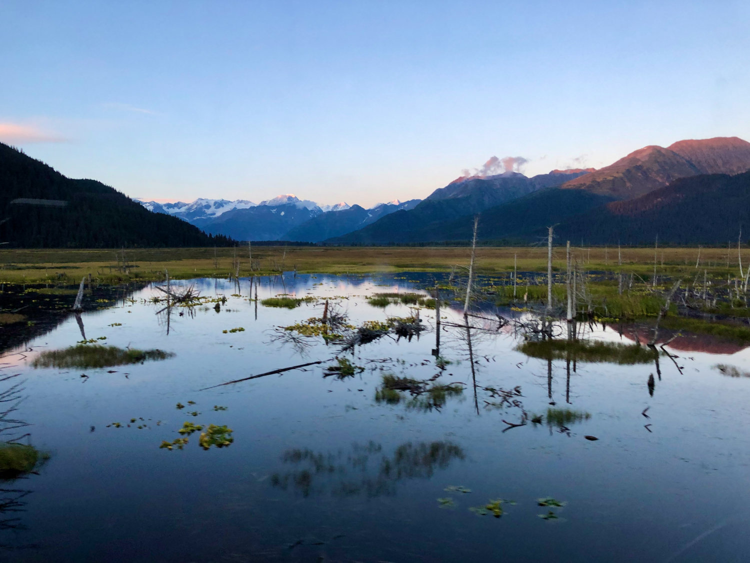 Beautiful sunset on the evening train ride from Anchorage to Seward on Alaska Railraod