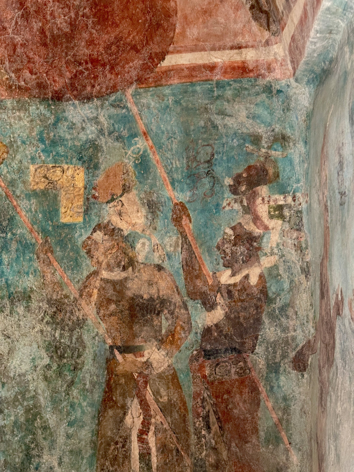 Maya nobles holding ceremonial fans in Room 1 murals