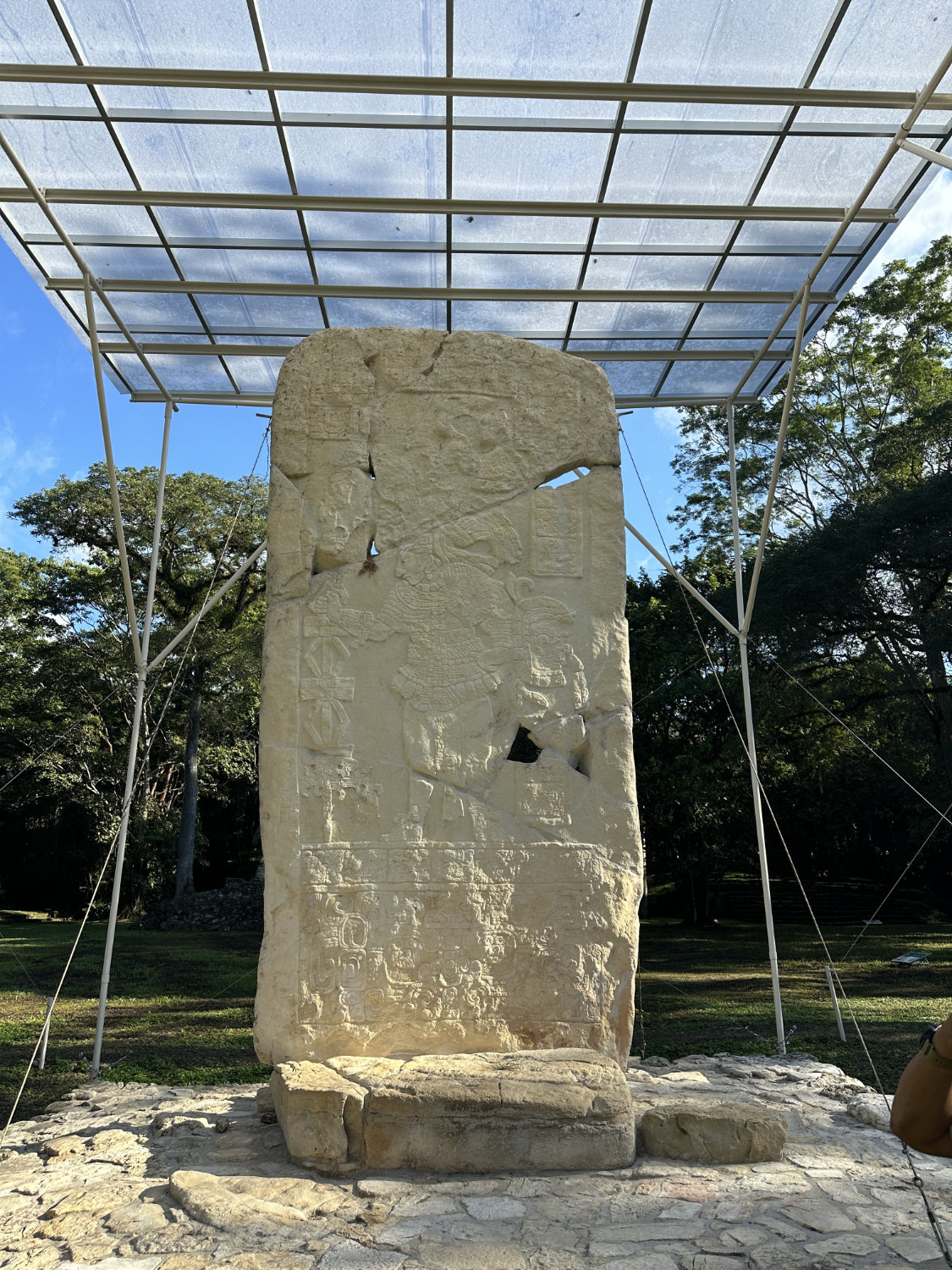 Stela 1 showing carved Maya ruler in ceremonial regalia