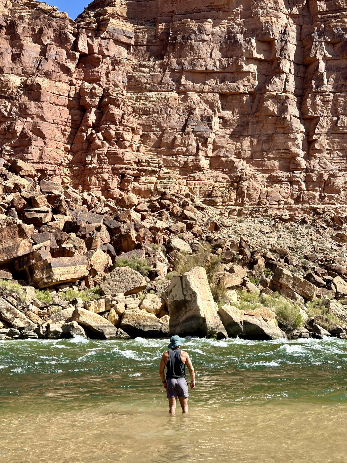 Coop wading in the Colorado River at the end of Cathedral Wash