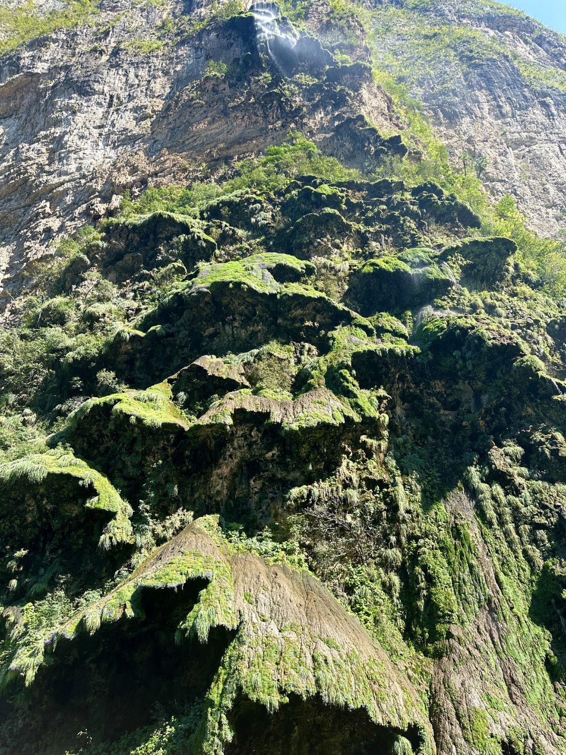 Christmas tree waterfall rock formations from below Sumidero Canyon