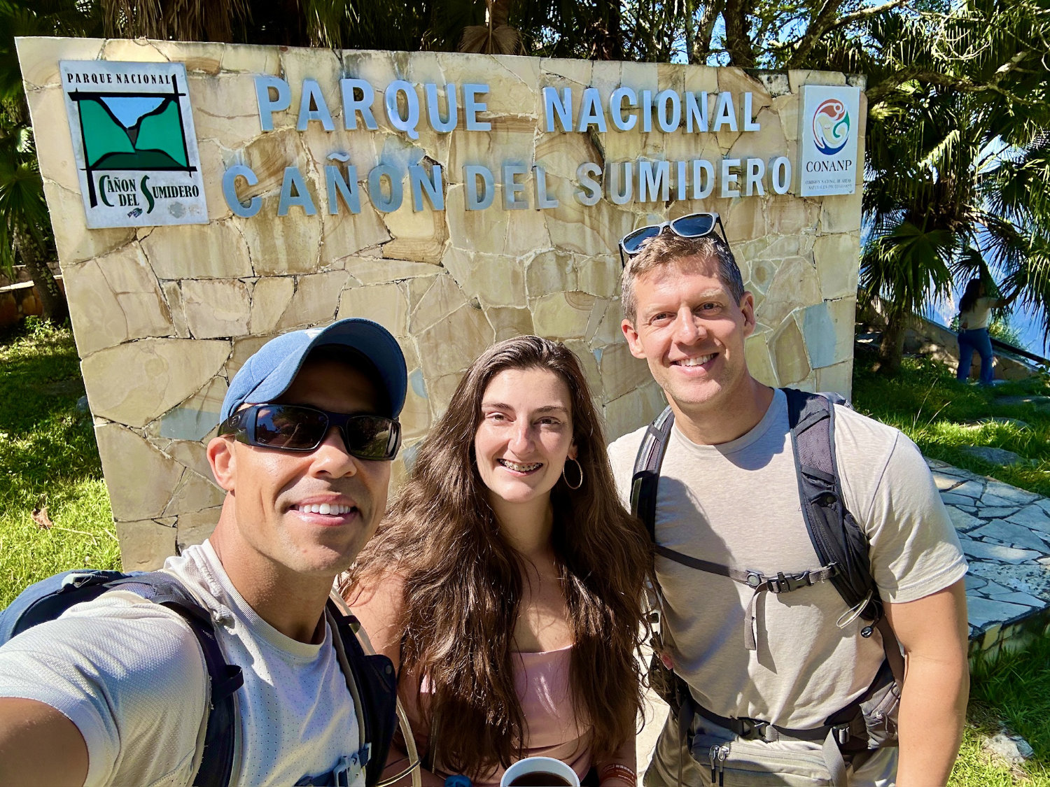 Debbie, Coop and Mark in front of Sumidero Canyon National Park sign