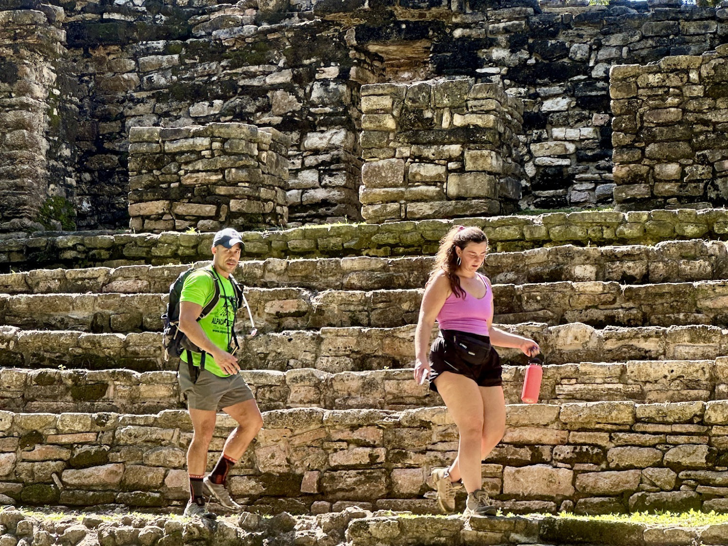 Coop and Debbie climbing ancient stone stairs