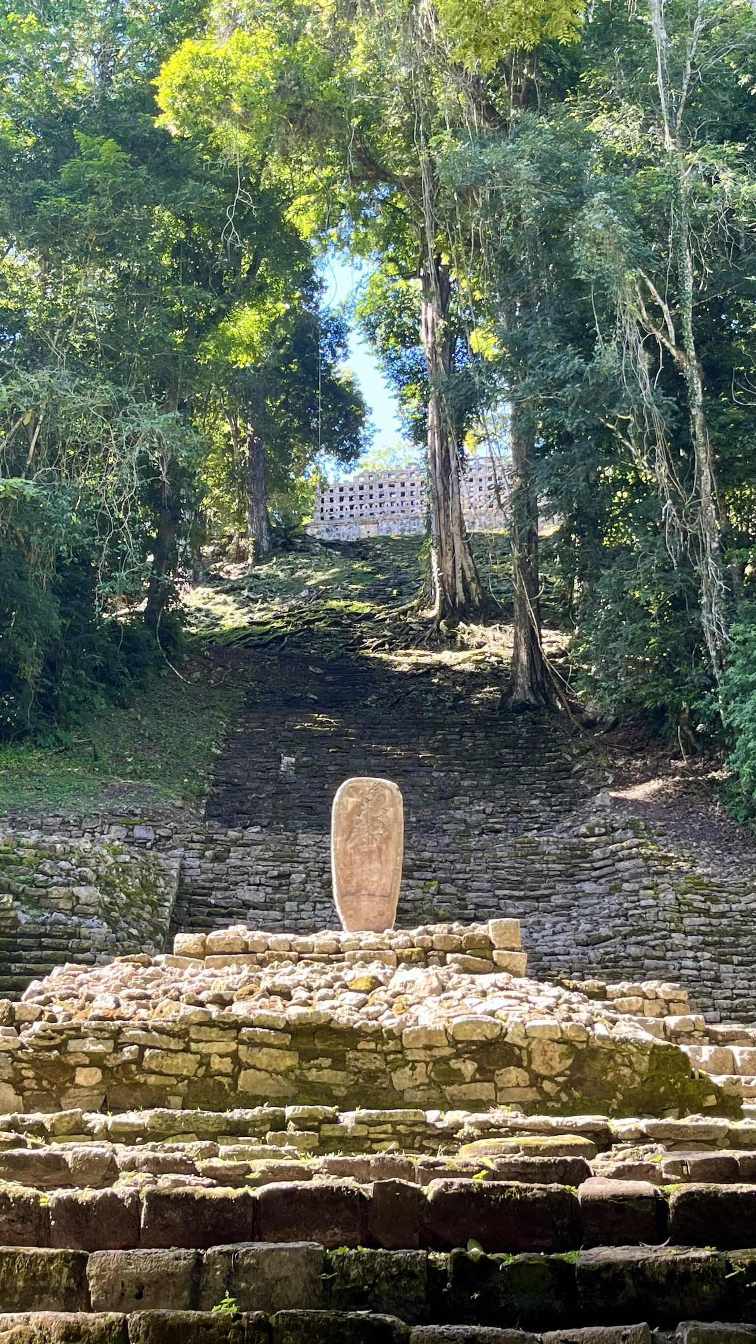 Stone monument at bottom of stairs to Building 33