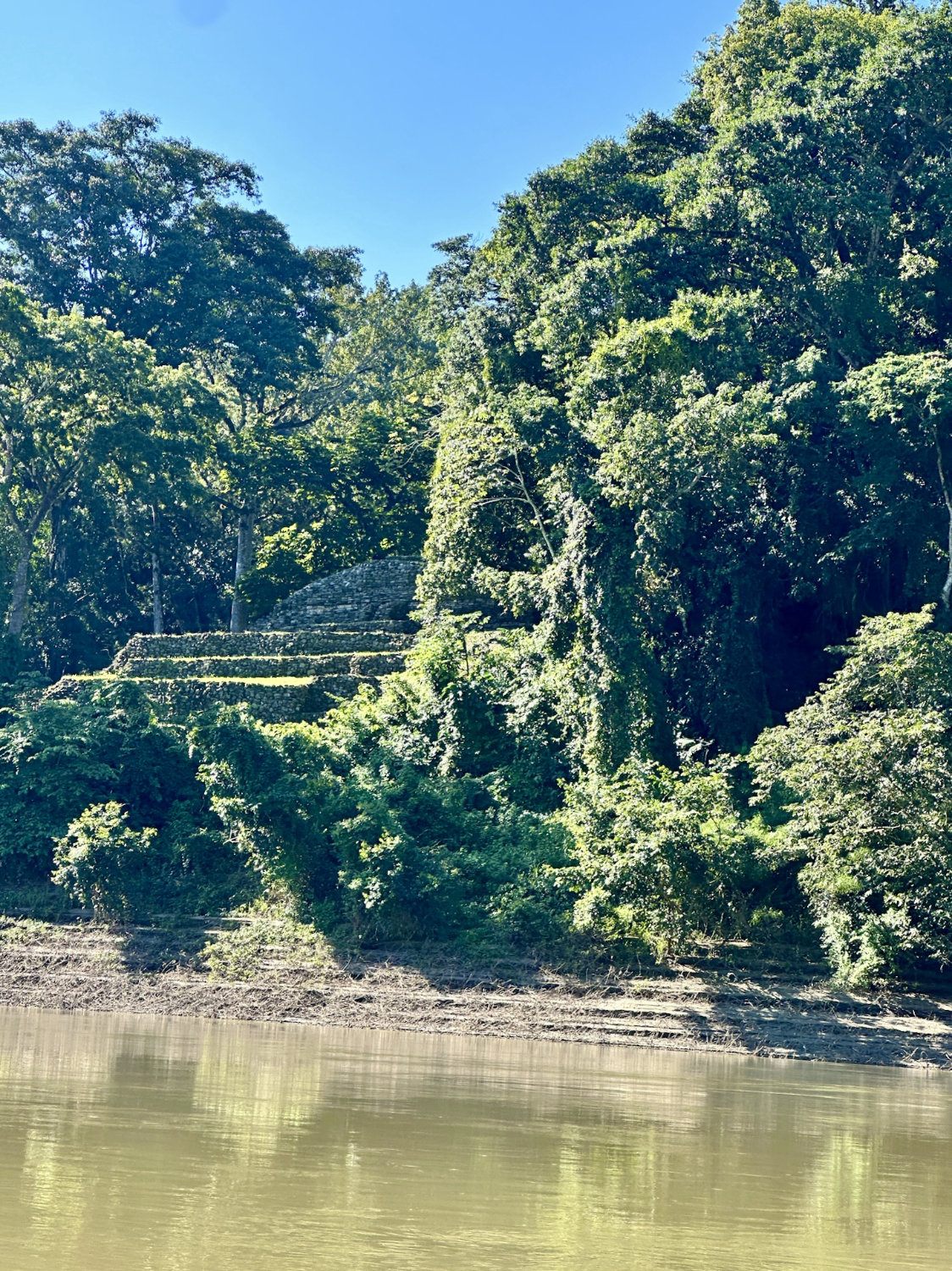 First view of Yaxchilan ruins from the river